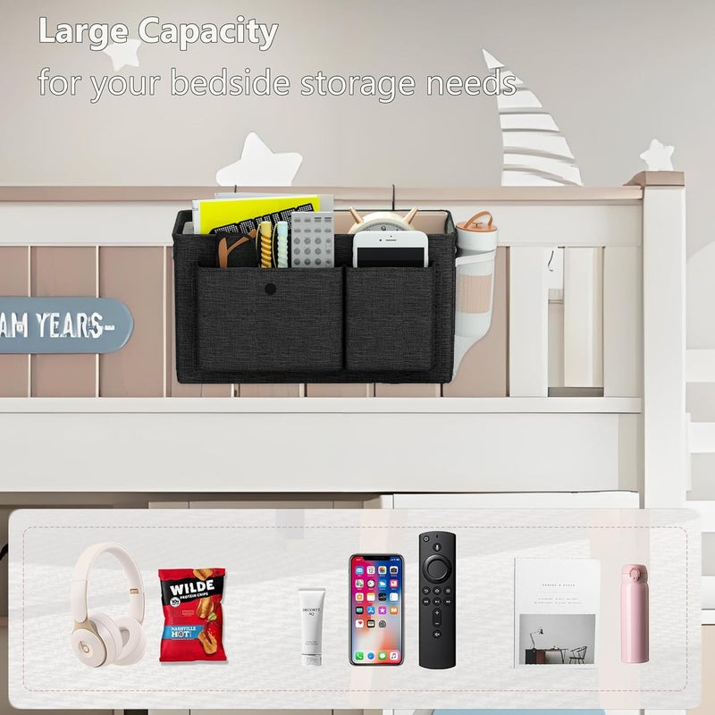 Edudif Bedside Caddy Bedside Organizer with Fixed Straps & Water Bottle Holder, Bunk Bed Caddy ideal for Home, Dorm, Hospital, Crib, Versatile Bedside Storage Solution (Black) - Image 5